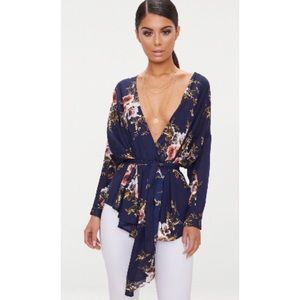 Navy floral print tie waist blouse